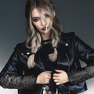 DISTURBIA Vervain Embroidered Faux Leather Jacket size